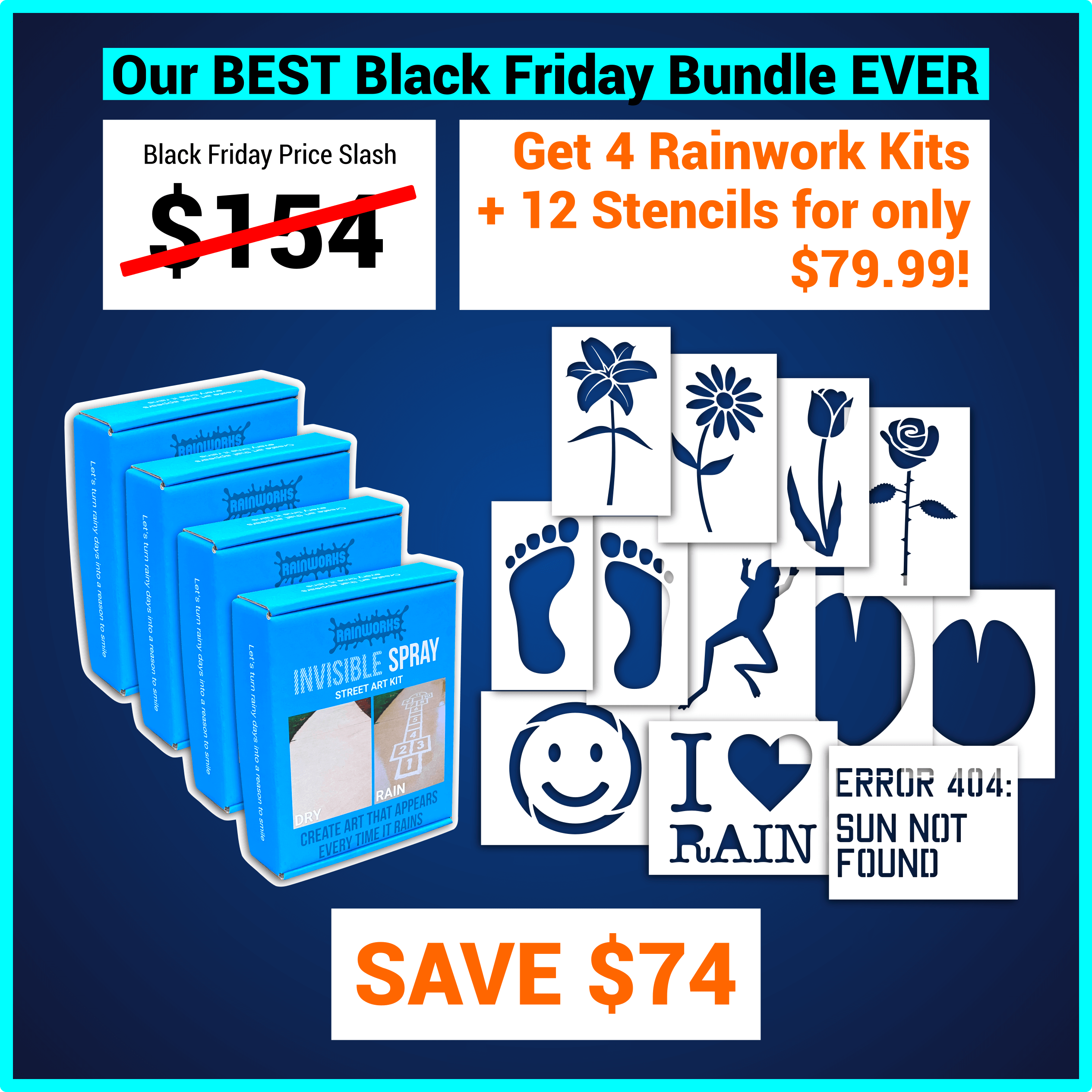 Save $74 by getting our Black Friday Bundle: 4 Rainwork Kits and 12 stencils for only $79.99