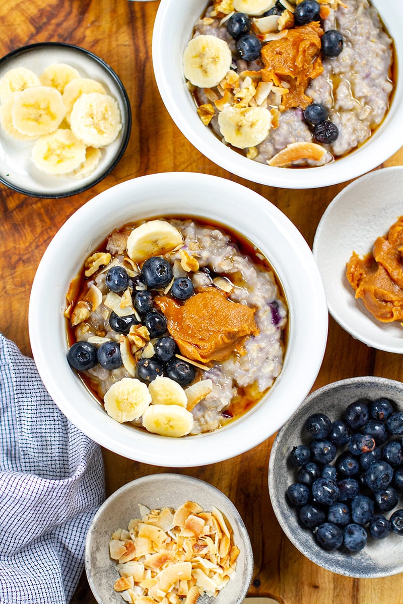 Blueberry Oatmeal With Peanut Butter Drizzle