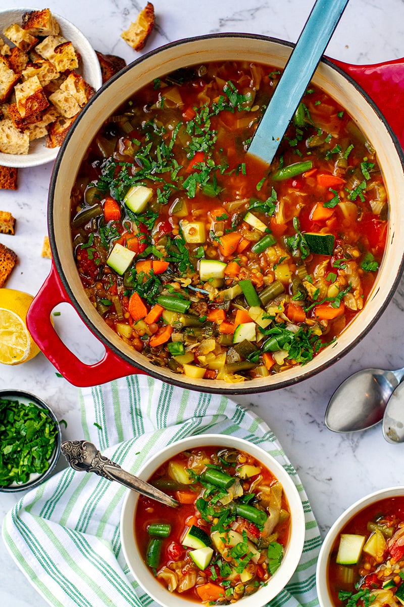 Low-Calorie Soup Filled With Vegetables & Lentils