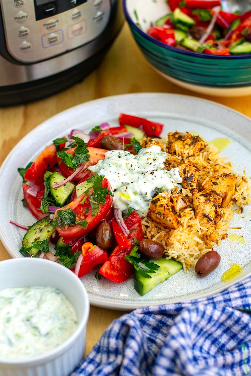 Chicken Souvlaki Rice With Greek Salad & Tzatziki
