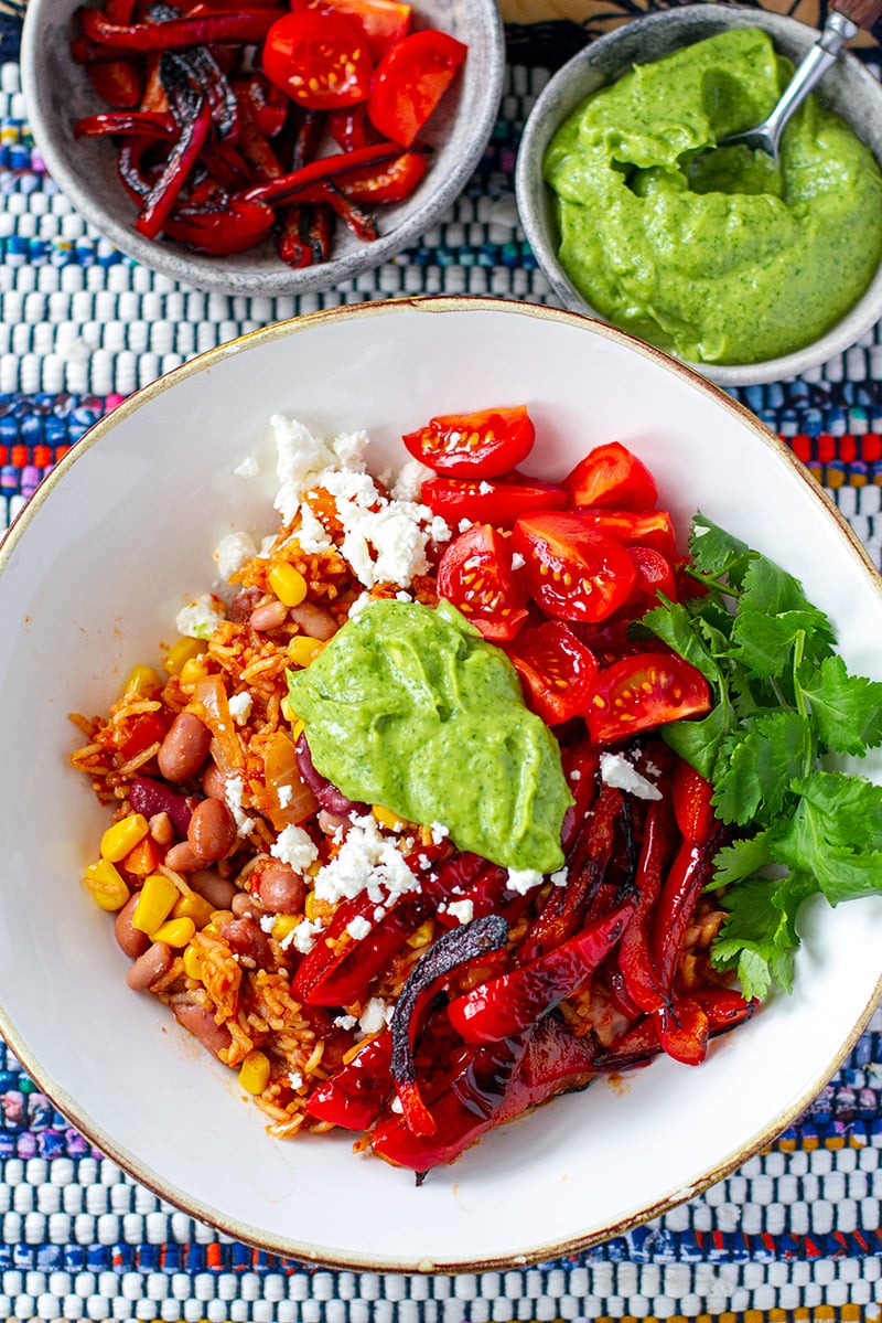 Vegetarian Burrito Bowl With Bell Peppers & Avocado Crema