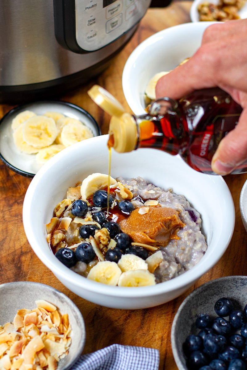 Instant Pot Blueberry Oatmeal With Peanut Butter Maple Drizzle