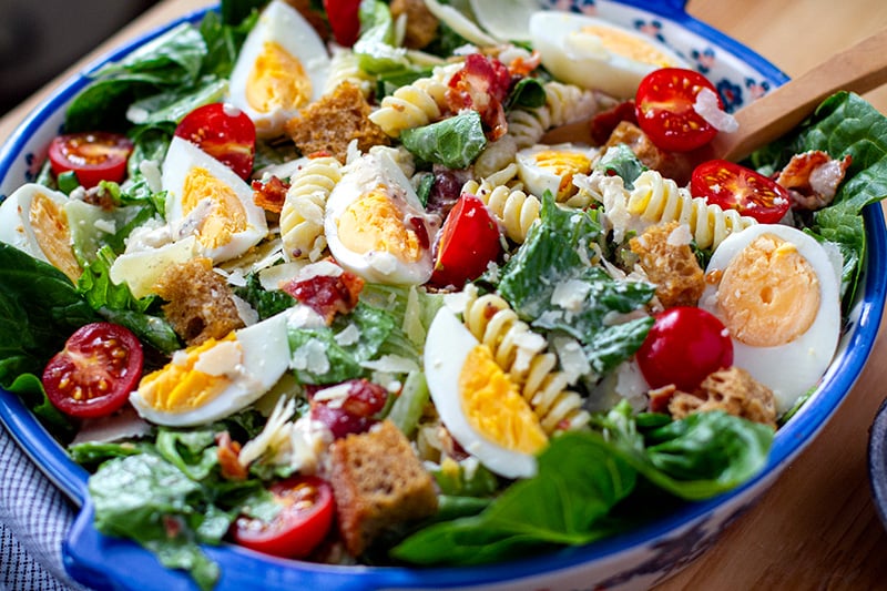 Caesar Pasta Salad With Boiled Eggs & Crispy Bacon