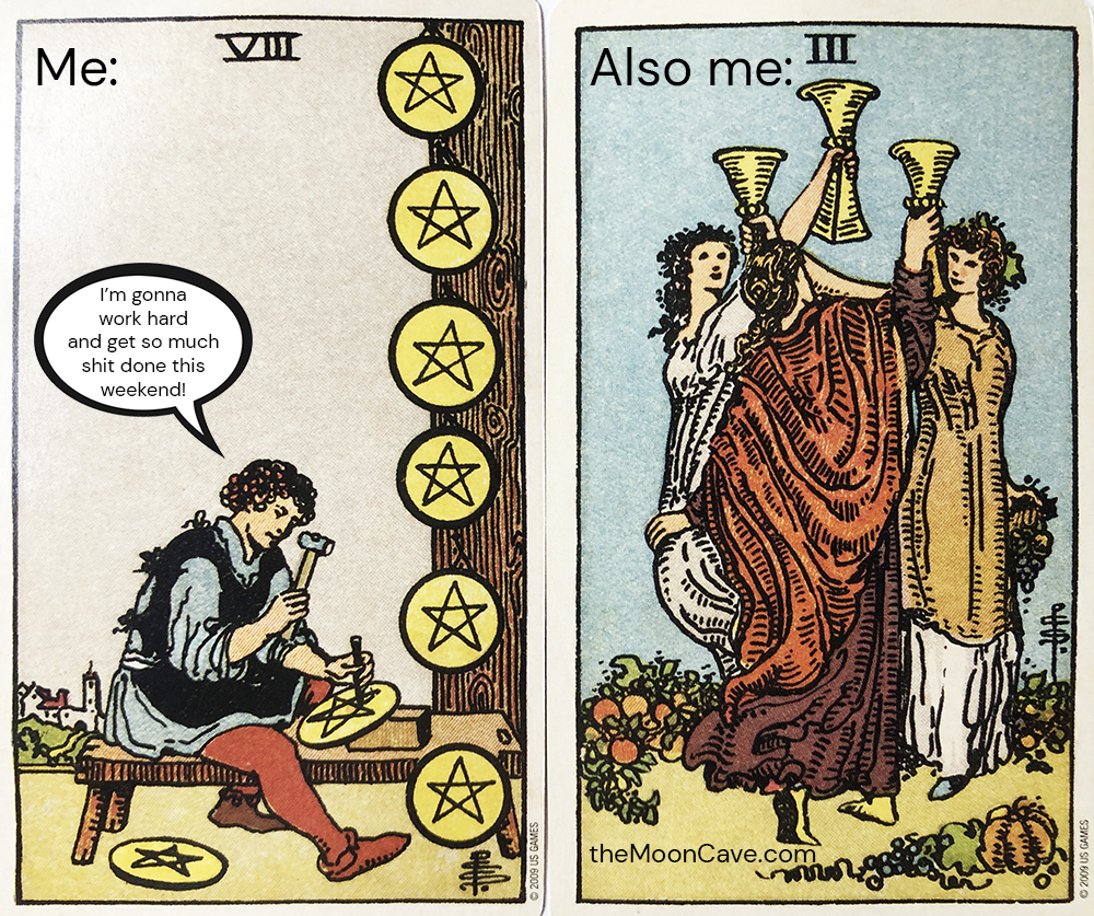 8 of Pentacles 3 of Cups tarot meme